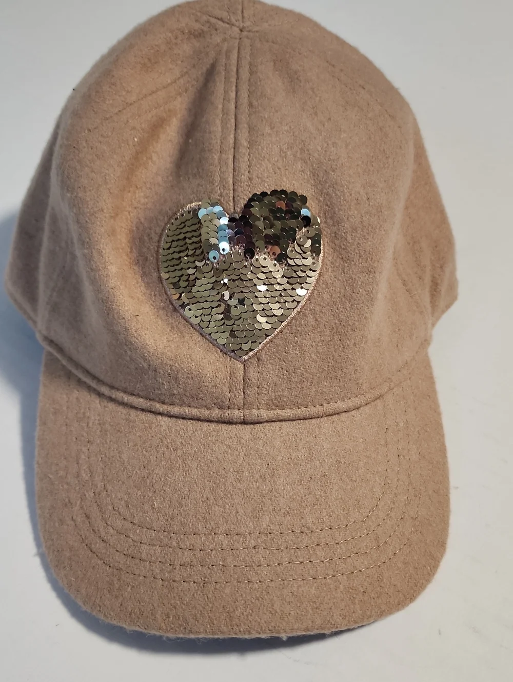 Gap Beige Sequin Heart Wool Kids Baseball Cap, L/XL